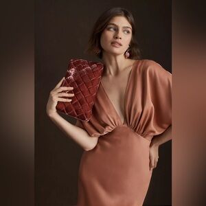 BHLDN Leila Deep-V Flutter-Sleeve Satin A-Line Gown